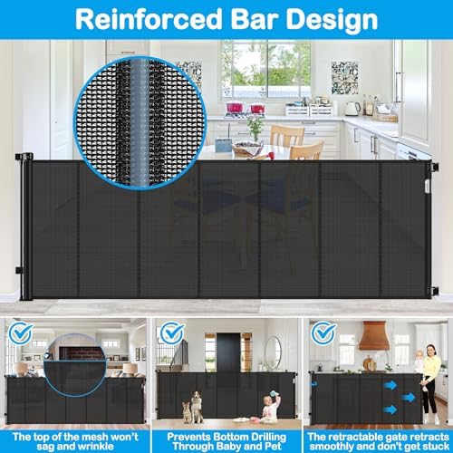 Reinforced 42" Extra Tall Retractable Dog Gate, 200" Extra Wide Baby Gate with Support Rods-Prevent Crawling Through, Outdoor/Indoor Baby Fence/Barrier/Blocker for Home, 16ft Retractable Garage Gate - Image 2