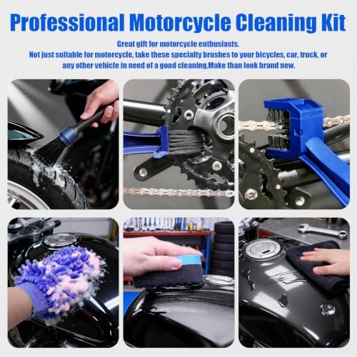 13PCS Motorcycle Cleaning Kit, Motorcycle Detailing Kit Overall Cleaner Tools Car Washing Brush Rims Cleaning Kit Chain Tire Wheel Brush Set Chain Tire for Car Bike Motorbike (Blue) - Image 2