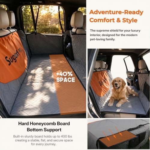 SugarFox Dog Car Seat Cover for Back Seat - Upgraded PU Leather Dog Hammock, 400lbs Hard Bottom Backseat Pet Cover, Waterproof Anti-Scratch + Pet Safety Belt (BLACK-60“x20”) - Image 2