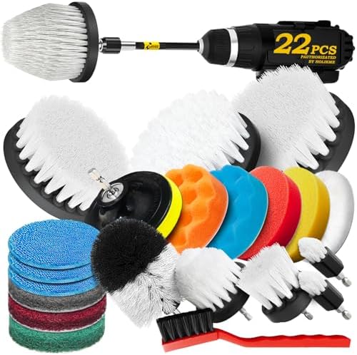 Holikme 22Pack Drill Brush Attachments Set, Scrub Pads & Sponge, Buffing Pads, Power Scrubber Brush, Car Polishing Pad Kit,Wax Applicator Pad,Car Cleaning Kit,Cleaning Supplies,Masonry Brushes,White by Holikme