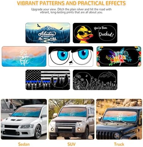 Windshield Sun Shade for Car, 63"x28.5" Stylish Printed Front Window Sunshade with Double Steel Ring Frame, Universal Fit Foldable Heat Blocker & UV Protector, with Storage Pouch (Sea & Beach) - Image 3