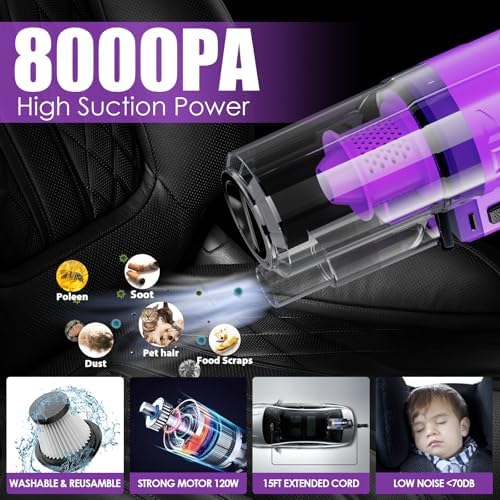 17PCS Car Cleaning Kit, Purple Car Interior Detailing Kit with High Power Handheld Vacuum, Detailing Brush Set, Windshield Cleaner, Cleaning Gel, Complete Auto Accessories for Women Gift - Image 2