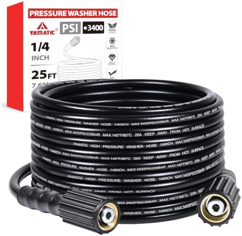 YAMATIC Pressure Washer Hose 25 FT 1/4", 3400 PSI, M22-14mm Females by YAMATIC