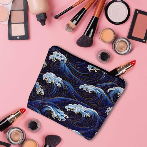 Women Cosmetic Bag Japanese Waves, Traditional Ocean Wave Blue Cute Makeup Bag For Purse Cosmetic Travel Bag For Toiletries Makeup Storage Bag Flax Skincare Bag Make Up Pouch Bags - Image 3