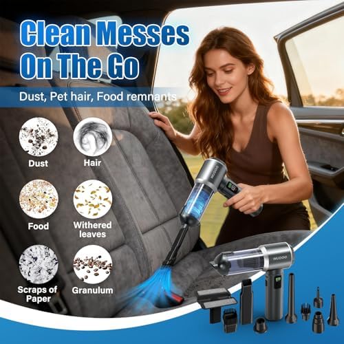 WUDOO 4-in-1 Car Vacuum Cleaner Portable Cordless Dust Remover 20,000 Pa Brushless Motor Powerful Handheld Wireless Charging Vacuum Cleaner LED Light, Multi-Nozzles for Car, Home, Office, Pet - Image 5