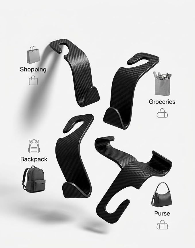 Carbon Fiber Car Seat Headrest Hooks, 4 Pack Car Back Seat Organizer Hooks for Handbags, Purses, Groceries, Coats and Accessories, Universal Vehicle Storage Hanger Hooks for Cars, SUVs and Trucks - Image 3