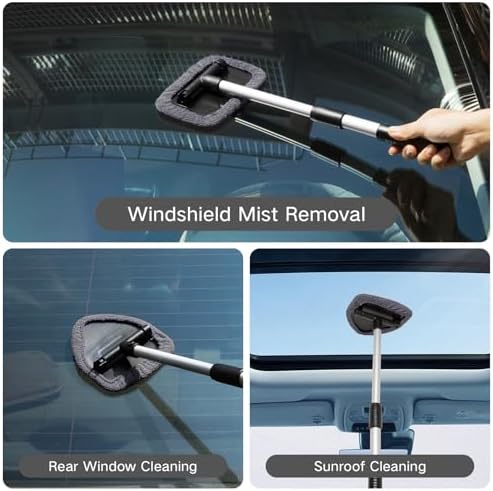 Qydipclin 7pcs Windshield Cleaner Tool Car Window Cleaning Wash Kit with 4 Reusable Microfiber Pads 1 Spray Bottle and Extendable Handle Auto Glass Wiper Kit, Gray - Image 2