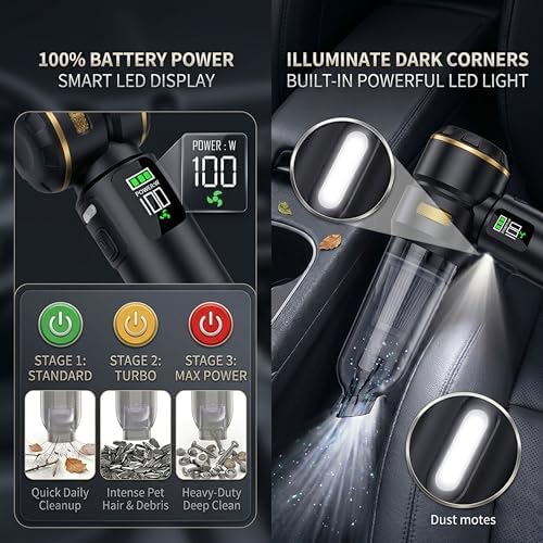 Handheld Car Vacuum Cleaner, 17000Pa High Power Cordless Vacuum Cleaner, 4-in-1 Portable Mini Air Duster, with LED Light and Multi-Nozzles, Vacuum for Car, Home, Office, Pet Hair - Image 5