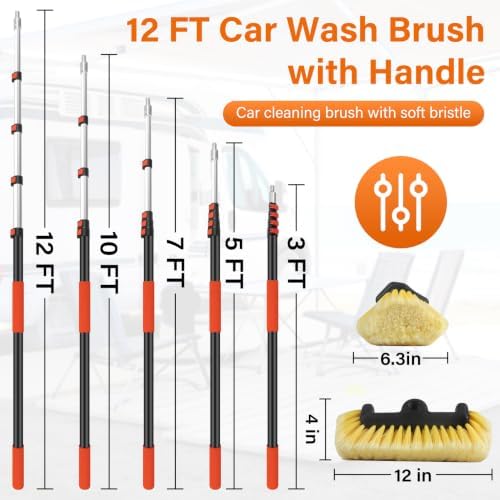 12FT Car Wash Brush with Long Handle,Car Clean Kit with 12in Soft Brush - Image 2
