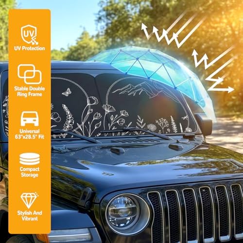 Windshield Sun Shade for Car, 63"x28.5" Stylish Printed Front Window Sunshade with Double Steel Ring Frame, Universal Fit Foldable Heat Blocker & UV Protector, with Storage Pouch (Line Floral) - Image 6