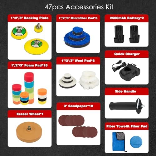 Cordless Buffer Polisher, 12V Mini Wax Buffer & Sander with 2 X 2.5Ah Battery & Charger, 1/2/3" Backing Plate, 40pcs Polishing Pads, Variable Speed for Car Detailing/Buffing/Sanding/Waxing - Image 6