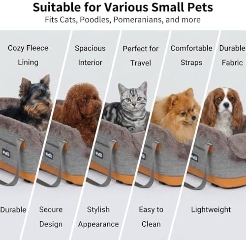 Pet Car Center Console Elevated Armrest Car Seat for Small Puppy, Dogs & Cats (Up to 10 lbs) – Dark Gray Washable Plush Carrier with Safety Leash, Fits Front Vehicle Console Space (Khaki) - Image 4