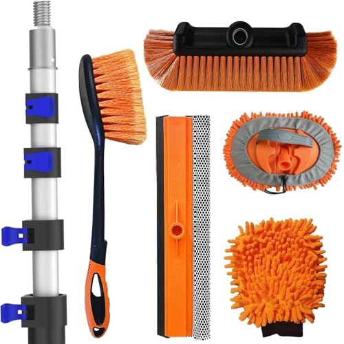 26Ft Reach Car Wash Kit with 5-20FT Telescopic Extension Pole, Car Wash Brush with Long Handle, Wheel Tire Brush, Car Wash Mop, Mitt, Squeegee for Cleaning Car, SUV, RV, Boats, Solar Panels by SKGPOLE