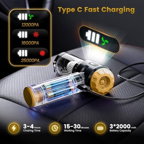 Wansimoo Handheld Car Vacuum Cleaner,25000PA Strong Cyclonic Suction Foldable Mini Vacuum Portable Cordless with Digital Display and One Touch Dust Removal for Car, Home, Office, Kitchen (Gold) - Image 3