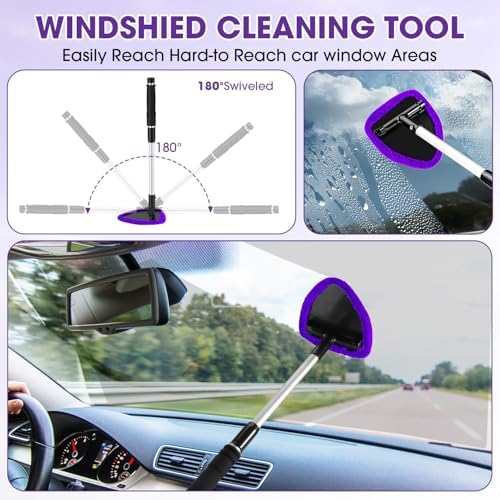 Purple Windshield Cleaner Tool, Car Interior Cleaning Kit with Extendable Handle and 3 Reusable Microfiber Pads, Auto Glass Wiper and Detailing Brush Kit for Car & Home Window - Image 4