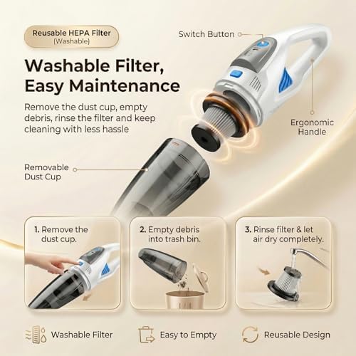 Handheld Vacuum Cordless, 25000Pa Powerful Suction Car Vacuum Portable Cordless with 8000mAh Battery & LED Light, Hand Held Vacuum Rechargeable with HEPA Filters, Home, Car Seats, Pet Hair White - Image 5
