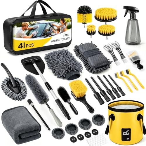 41Pcs Car Detailing Kit Interior with Drill Brush, Folding Bucket & Tote by Noonchili