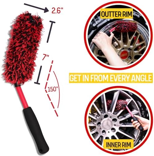 oesee Professional 4 Pack Long Handle Wheel Brush Kit for Cleaning Wheel and Tire- 2X Soft Wheel Cleaning Brush, Detailing Brush and Stiff Tire Brush, Bendable& Durable Wheel Rim Cleaner Brush Set - Image 4