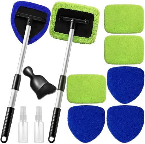 Qydipclin 11pcs Windshield Cleaner Tool, Car Window Cleaning Wash Kit with 6 Reusable Microfiber Pads 2 Spray Bottles and Extendable Handles Auto Glass Wiper Kit, Blue & Green by Qydipclin