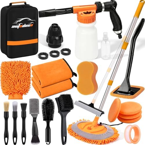 Car Wash Detailing Kit Cleaning Set with Foam Gun Sprayer, Long-Handle Brush, Large Wash Mitt, Towels, Complete Interior & Exterior Car Washing Supply Set (Orange) by AUTODECO