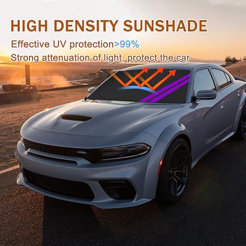 Front Windshield Sun Shade Fit for Dodge Charger Challenger Durango Journey Universal Fit to All Dodge Cars Foldable Sun Visor Protector Custom Fit Dodge Window Sunhade (Black Purple) - Image 2