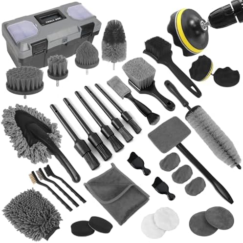 Car Detailing Kit, Car Detailing Brush Set, Car Cleaning Kit, Auto Detailing Tools for Interior Exterior Wheels, Professional Car Wash Accessories with Windshield Cleaning Tool and Storage Box(Grey) by NIKCOSMK
