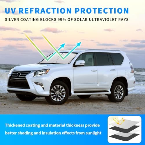 Front Windshield Sun Shade Custom Fit Compatible for GX400 GX460 2010-2023 Sunshade Foldable UV Ray Reflector Sun Visor Protector Accessories Shield Cover Reflective (for GX 2010-2023) - Image 2