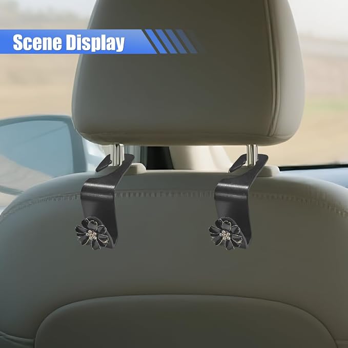 Craedli 2PCS Bling Car Seat Headrest Hook, Cute Rhinestone Flower Seat Back Storage Organizer Hanger Car Purse and Bag Hooks Holder, Universal Interior Accessories for Handbag Grocery Bag Coat (Black) - Image 5