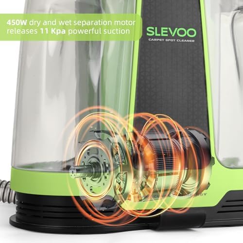 Slevoo 450W Portable Carpet Cleaner Machine with 1 Bottle Cleaning Solutions, Strong Suction Upholstery and Furniture Cleaner for Cleaning Stairs, Car Interiors, for Pet Footprint, Dust, Oil (Green) - Image 5