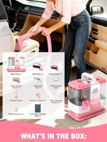 Portable Carpet & Upholstery Cleaner Machine for Pets, Powerful Suction Spot Cleaner for Couch, Sofa, Rugs, Stairs & Car Interior, Lightweight Deep Stain Remover with Cleaning Solution, Pink - Image 2