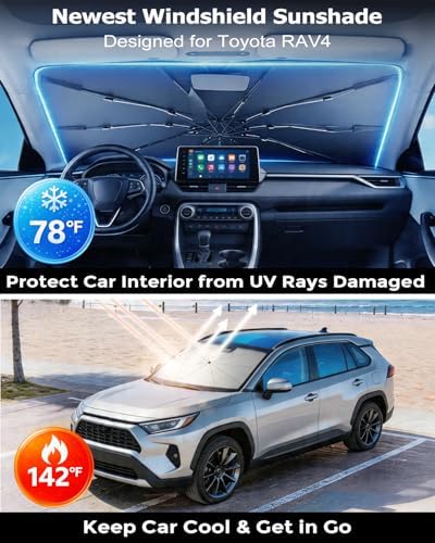 DMJN Umbrella Windshield Sun Shade for Toyota RAV4, Car Sunshade for Front Windshield [Nano Ice-Crystal Coatings] UPF50+ Heat & UV Block, Protect Interior & Keep Cooler - Image 2