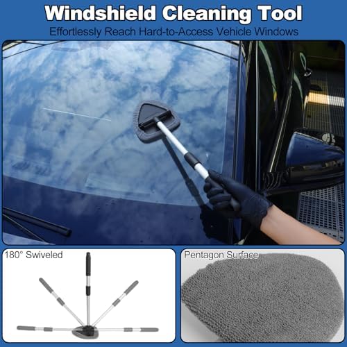 Windshield Cleaner Tool, 14Pcs Car Cleaning Kit - Car Interior Detailing Kit with Extendable Handle, Cleaning Gel & Microfiber Pads, All-in-One Inside Car Cleaning Supplies for Women Men - Image 3