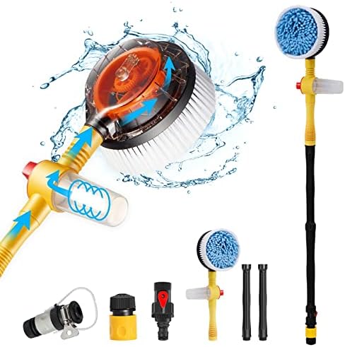 Car Wash Brush with Hose Attachment, 360 Spin Car Wash Brush with Soap Dispenser, Soft Bristle Car Cleaning Brush Mop Scrub Brush, Flow Through Car Washing Brush Kit Long Handle (Yellow) by Practisol