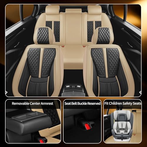 Fit Cherokee Car Seat Covers Compatible with Jeep Cherokee 2014-2024 2025 2026.Full Coverage Waterproof Leather,Compatible with Airbag,All - Weather Seat Cushion Protector(Full Set,Beige) - Image 3