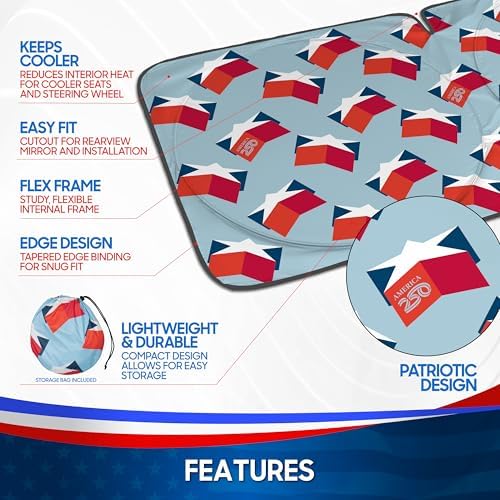 Motor Trend America 250 Windshield Sun Shade for Car Windshield Pop Up Sunshade 3D Stars Patriotic Car Sunshade UV Protection Heat Blocker Foldable Windshield Cover Truck SUV 4th of July Memorial Day - Image 5
