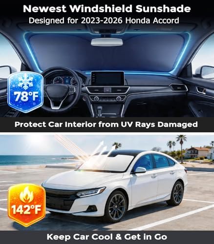DMJN Front Windshield Sun Shade for Honda Accord (2023-2026), [Nano Ice-Crystal Coatings] UPF50+ Heat & UV Block, Protect Car Interior & Keep Cool, Flodable Steel-Ring Car Cover for Summer - Image 2
