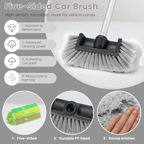Car Wash Brush with Long Handle, 60'' Soft Bristle Cleaning Brush, Car Cleaning Brushes, Carwash Brushes for SUV, RV, Boat, Truck, House Siding, Sweep Snow, Gray - Image 4