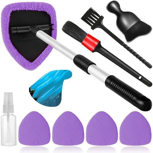 Qydipclin 10pcs Windshield Cleaner Tool, Car Window Cleaning Wash Kit with 4 Reusable Microfiber Pads 1 Spray Bottle and Extendable Handle Auto Glass Wiper Kit, Purple by Qydipclin