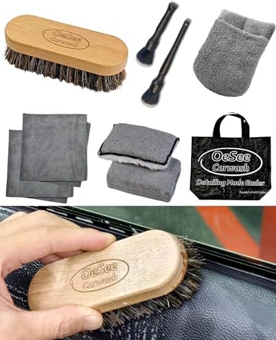 PRO Car Interior Cleaning Kit (9-Piece) - Deep Clean Tools for Leather, Dashboard & Upholstery | Boar Bristle Brush, Dual-Sided Scrub Sponge, Microfiber Towels, Polish Scrub Mitt, Detailing Brushes by OeSee