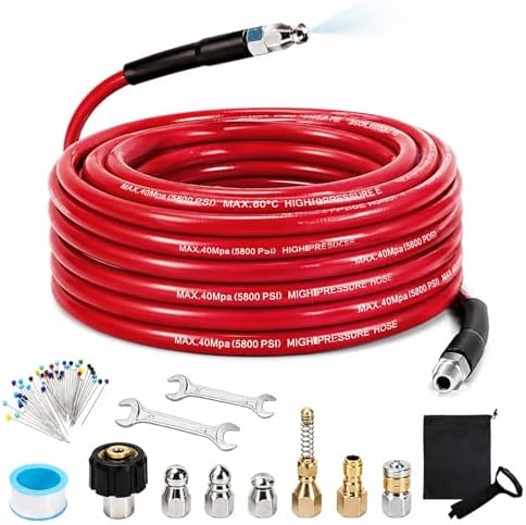 Sewer Jetter Kit for Pressure Washer, 50FT 5800 PSI Drain Cleaner Hose with 1/4" NPT Corner, Rotating and Button Hose Sewer Jetting Nozzle, Waterproof Tape, Pearl Corsage Pin, Spanner, Glove by SEPLY