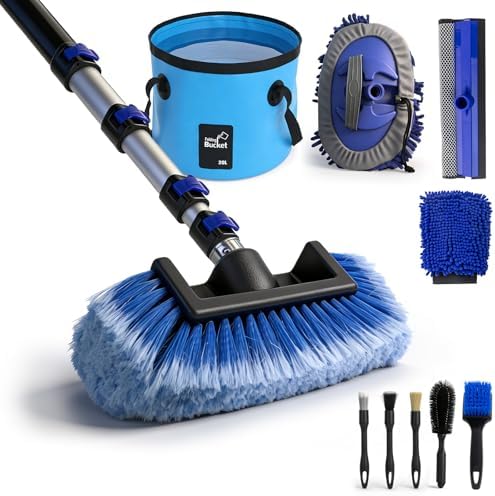 Up to 26FT Reach 20FT Car Wash Brush Kit with Long Handle, 8 Attachments, 180° Rotating Mop & Foldable Bucket, Scratch-Free Soft & Hard Brushes for Cars, Trucks, SUVs & RVs by Novastry