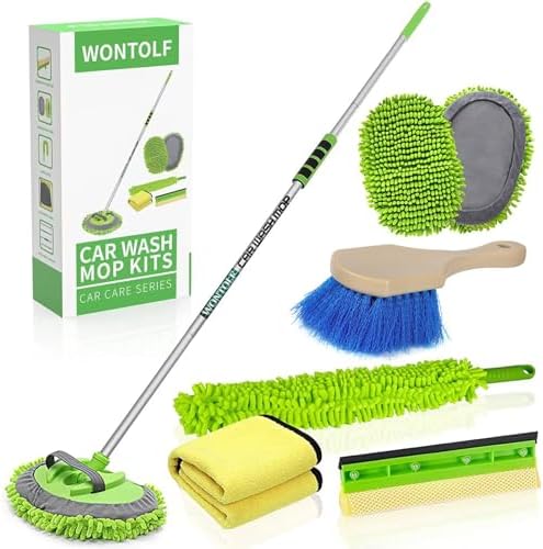 Wontolf 62'' Car Wash Brush with Long Handle Chenille Microfiber Car Wash Mop Mitt Kit Car Detailing Brush Cleaning Kit Window Squeegee Car Duster Drying Towels Tire Brush for Cars RV Truck Boat by Wontolf