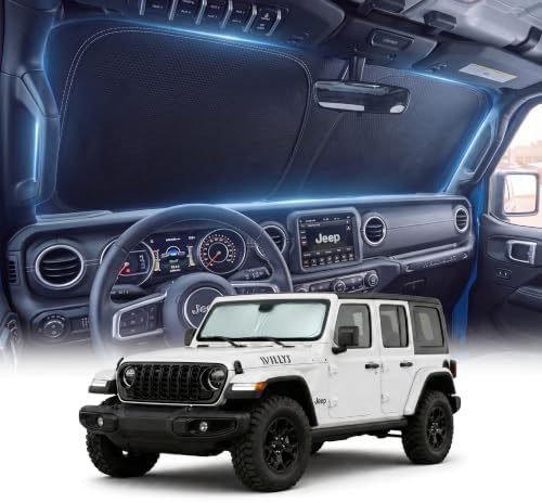 DMJN Front Windshield Sun Shade for Jeep Wrangler JL JK JT (2011-2026), [Nano Ice-Crystal Coatings] UPF50+ Heat & UV Block, Protect Car Interior & Keep Cool, Flodable Steel-Ring Car Cover for Summer by DMJN