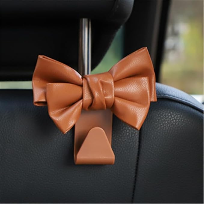 2-Pack Cute Bow Car Purse Hooks, Headrest Hangers, brown | Cute bow hooks keep purses and bags organized within reach while saving space; fits most car headrests - Image 2