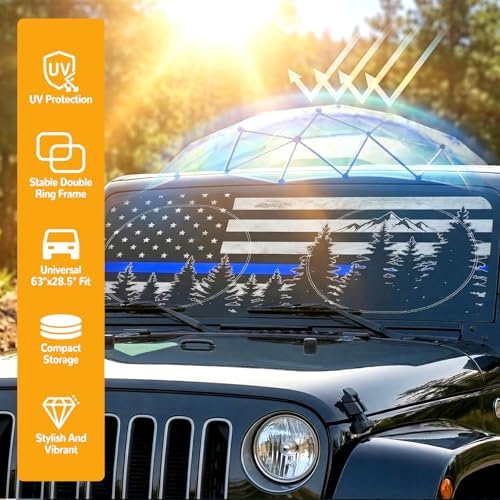 Windshield Sun Shade for Car, 63"x28.5" Stylish Printed Front Window Sunshade with Double Steel Ring Frame, Universal Fit Foldable Heat Blocker & UV Protector, with Storage Pouch (Bline Line Flag) - Image 6