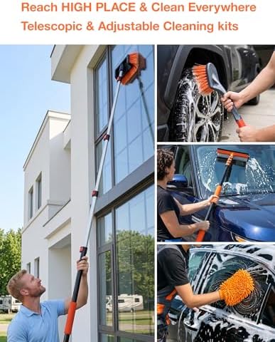 17ft Telescopic Pole with Car Wash Brush and Window Squeegee Kit, 3-12 ft Extension Pole, Bristles Wash Brush, Chenille Mop & Wash Mitt, Wheel Brush for Outdoor Cleaning Supplies for Roof, RV, Truck - Image 6