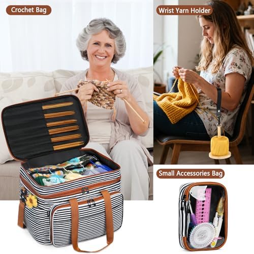 Crochet Organizer Bag with Yarn Holder, Large Yarn Storage for Accessories | 3PCS Crochet Knitting Bag with Accessory Pouch for Hooks, Needles, Travel Tote, Crochet Lovers, Gift for Crafters, No-Tangle - Image 7