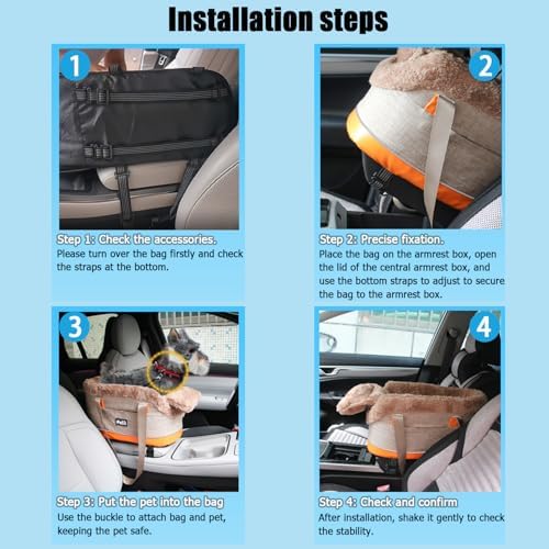 Pet Car Center Console Elevated Armrest Car Seat for Small Puppy, Dogs & Cats (Up to 10 lbs) – Dark Gray Washable Plush Carrier with Safety Leash, Fits Front Vehicle Console Space (Khaki) - Image 5