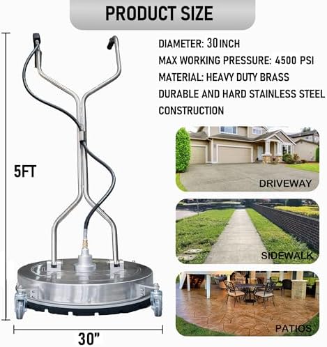 Hourleey 30" Pressure Washer Surface Cleaner with Dual Handles, Stainless Steel Surface Cleaner with 4 Wheels for Driveways, Pathway, Sidewalks, Patios, Decks, 4500 PSI with 3/8" Quick Connector Kit - Image 2