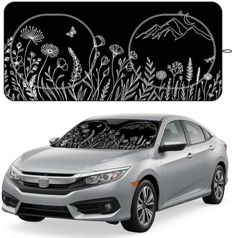 Windshield Sun Shade for Car, 63"x28.5" Stylish Printed Front Window Sunshade with Double Steel Ring Frame, Universal Fit Foldable Heat Blocker & UV Protector, with Storage Pouch (Line Floral) by Unknown